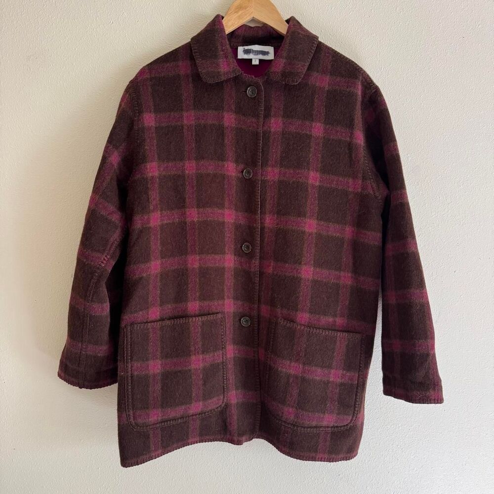 Worth Vintage Alpaca Wool Reversible Jacket Brown Pink Plaid Chore Coat USA